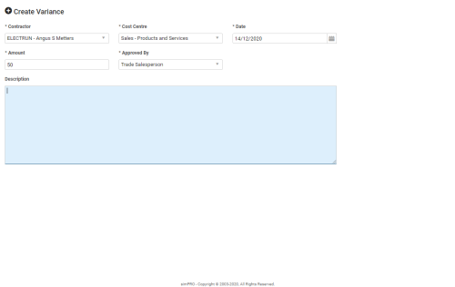 A screenshot of a variance on a work order.